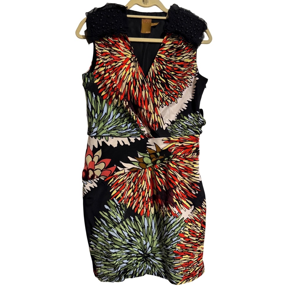 Ali Ro Silk Blend Floral Wrap Mini Dress Beaded Shoulders Multicolor Womens 10